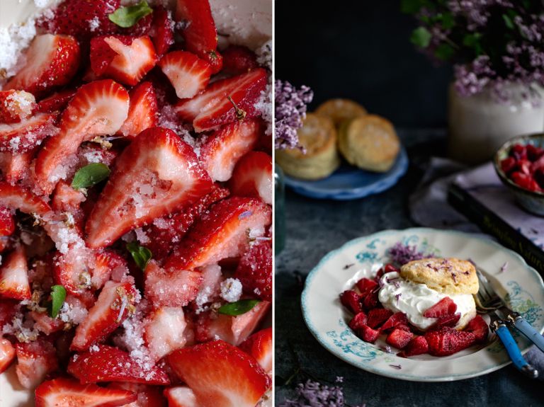 strawberries, lilac sugar and strawberry shortcakes