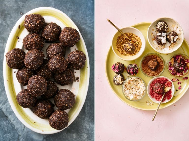 adaptogen bliss ball ingredients, powders, dates, toppings